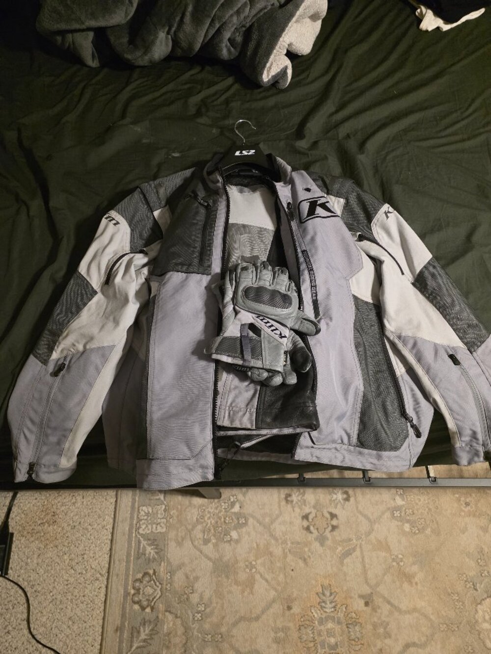 Klim Baja motorcycle jacket, pants, and gloves